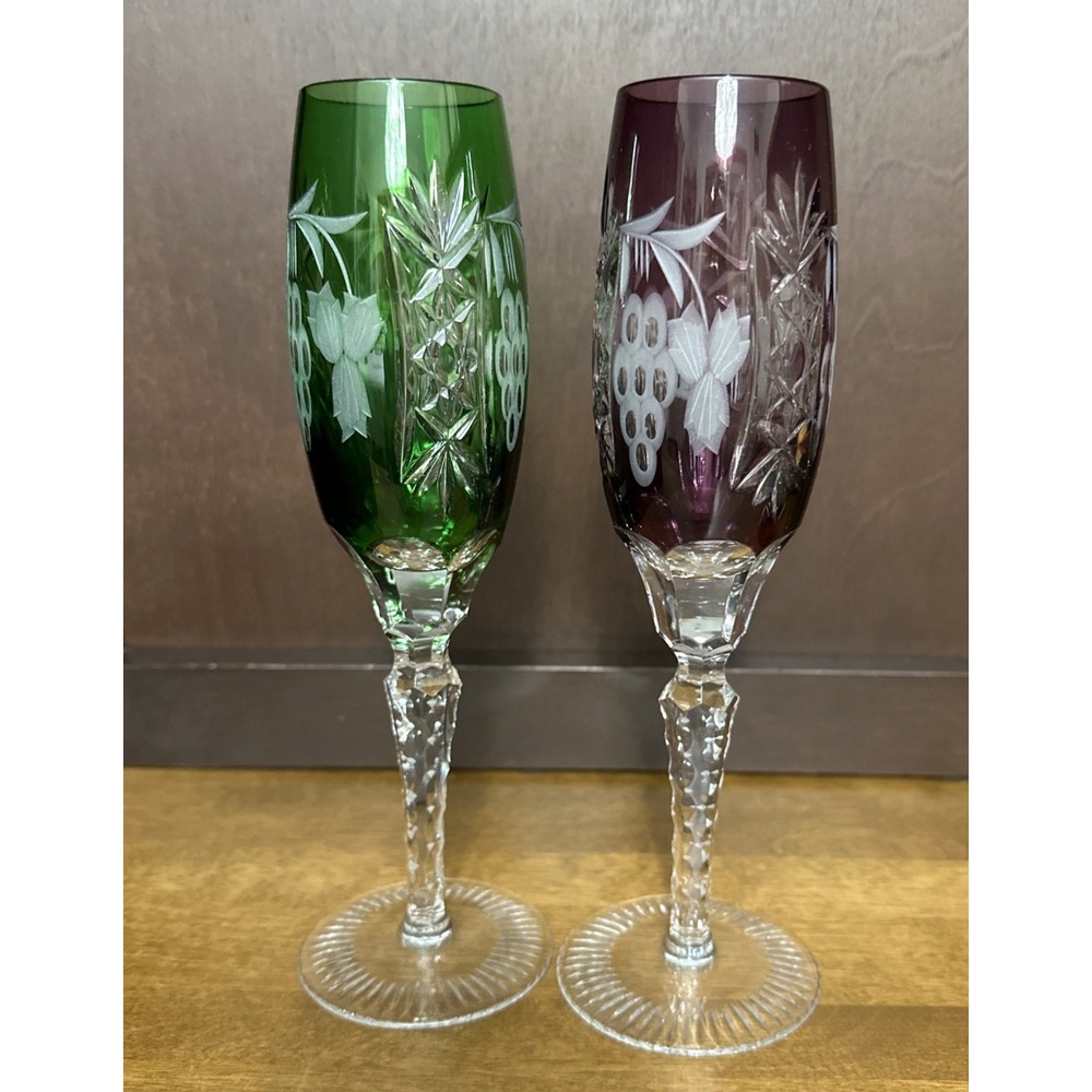 2 Ajka Crystal Glass Champagne Flutes Marsala Emerald Green & Purple 8 7/8"